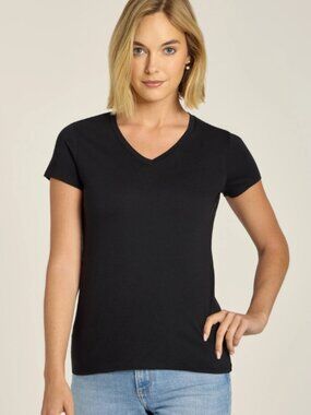 Mott & Bow Womens V-Neck Fitted Marcy Tee Shirt Black Pima Cotton Modal Size M